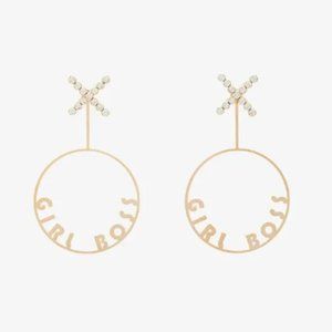 Anton Heunis Gold Metallic Girl Boss Swarovski Crystal Embellished Hoop Earrings